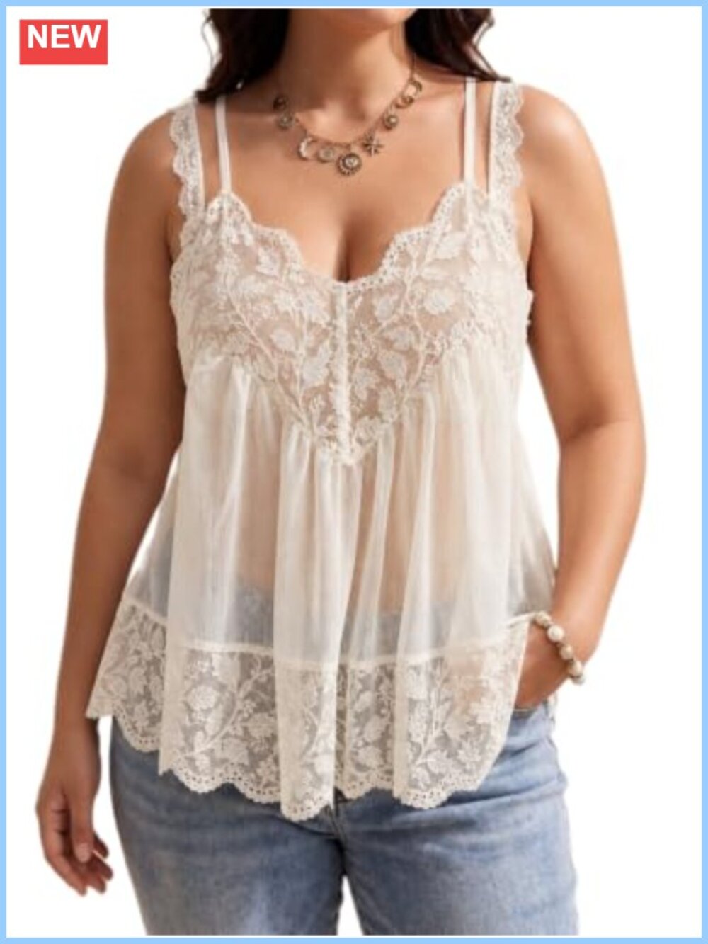 Plus Size Lace Camisole Babydoll Top Semi Sheer Adjustable Straps